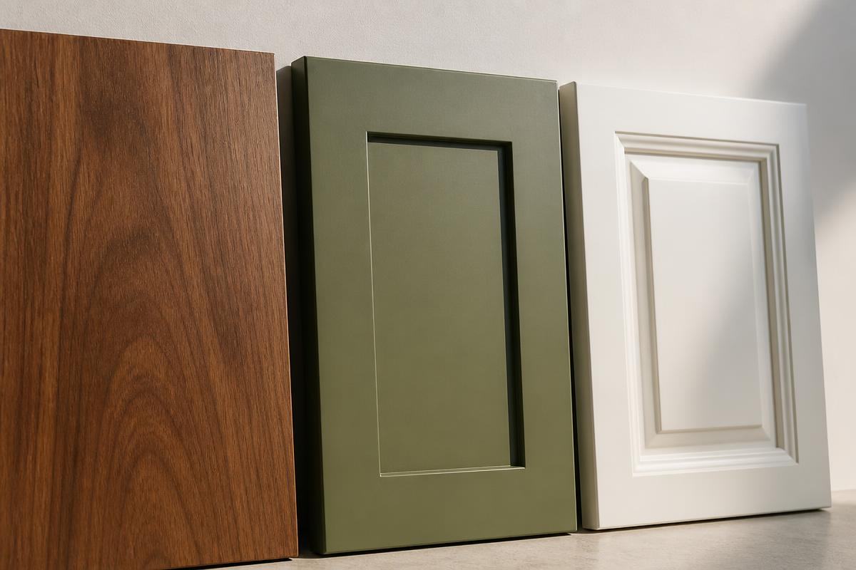 Walnut slab, olive green shaker and white raised panel cabinet doors displayed side by side