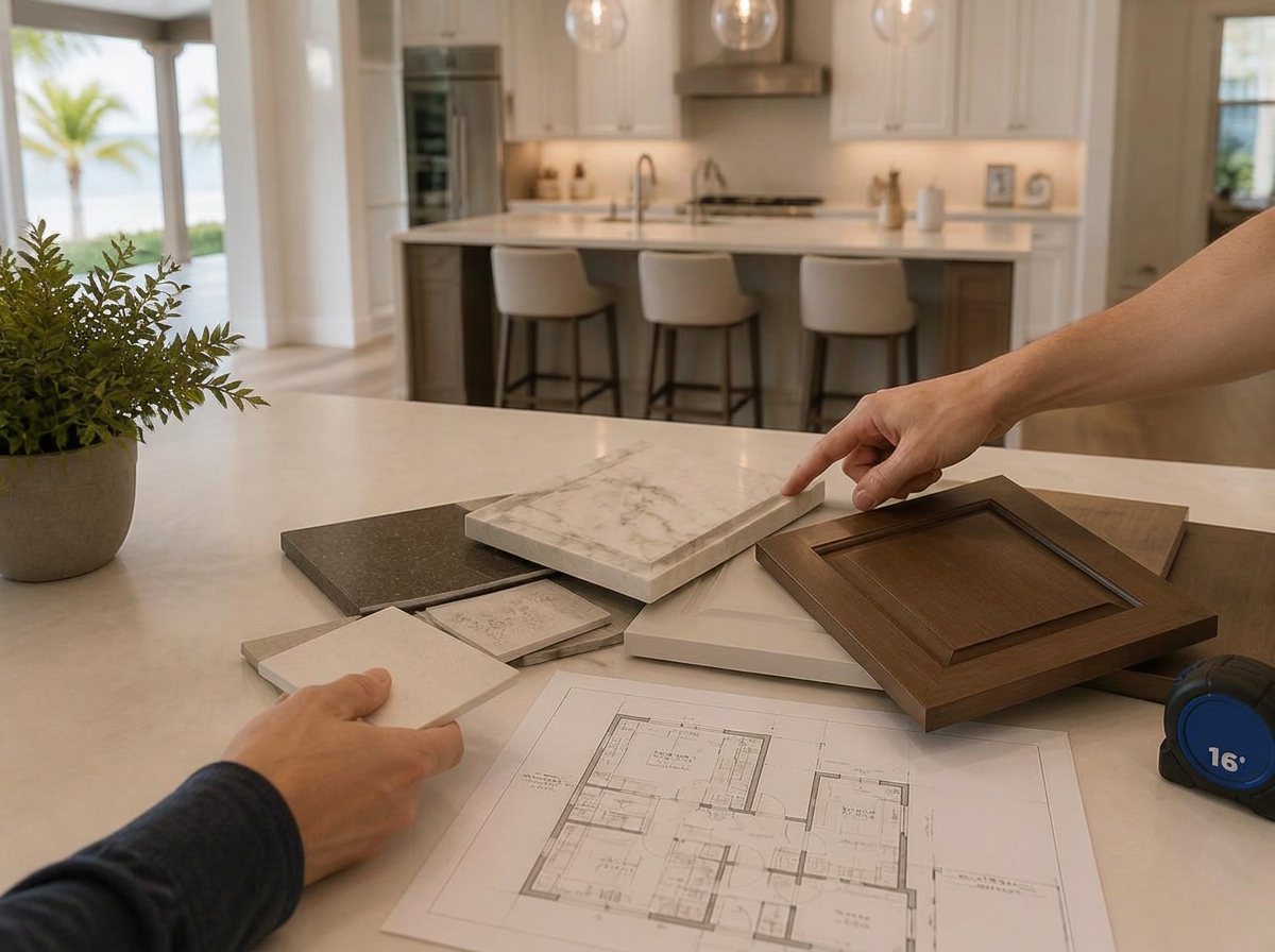 Venet LLC consultation with stone and cabinet door samples and a floor plan reviewed on a kitchen countertop in Tampa Bay