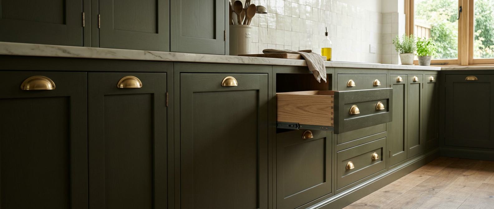 Long run of custom olive green shaker cabinetry with brushed gold cup pulls and an open white oak dovetail drawer