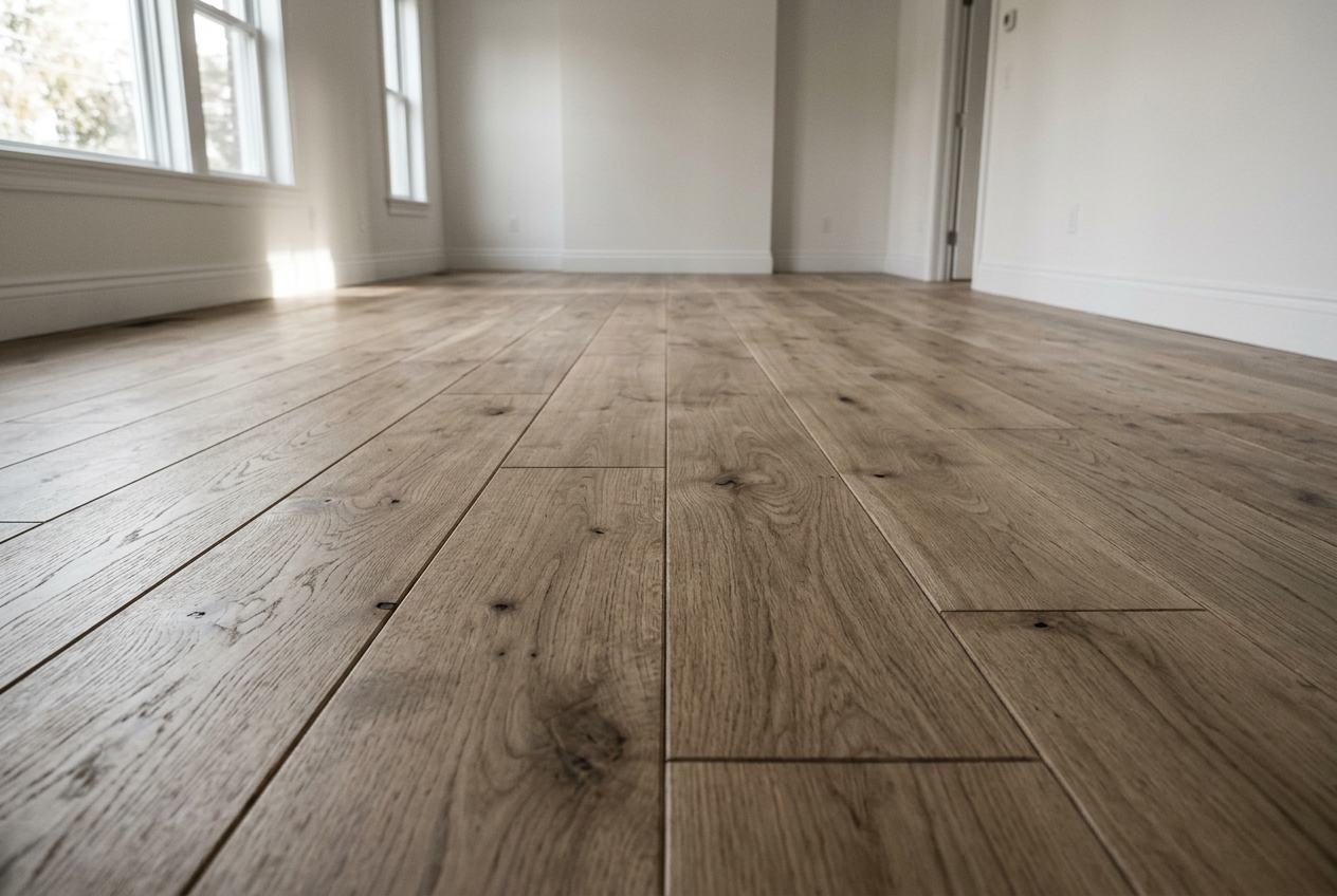 Flooring — Wide-plank white oak hardwood flooring installed in a sunlit room by Venet LLC