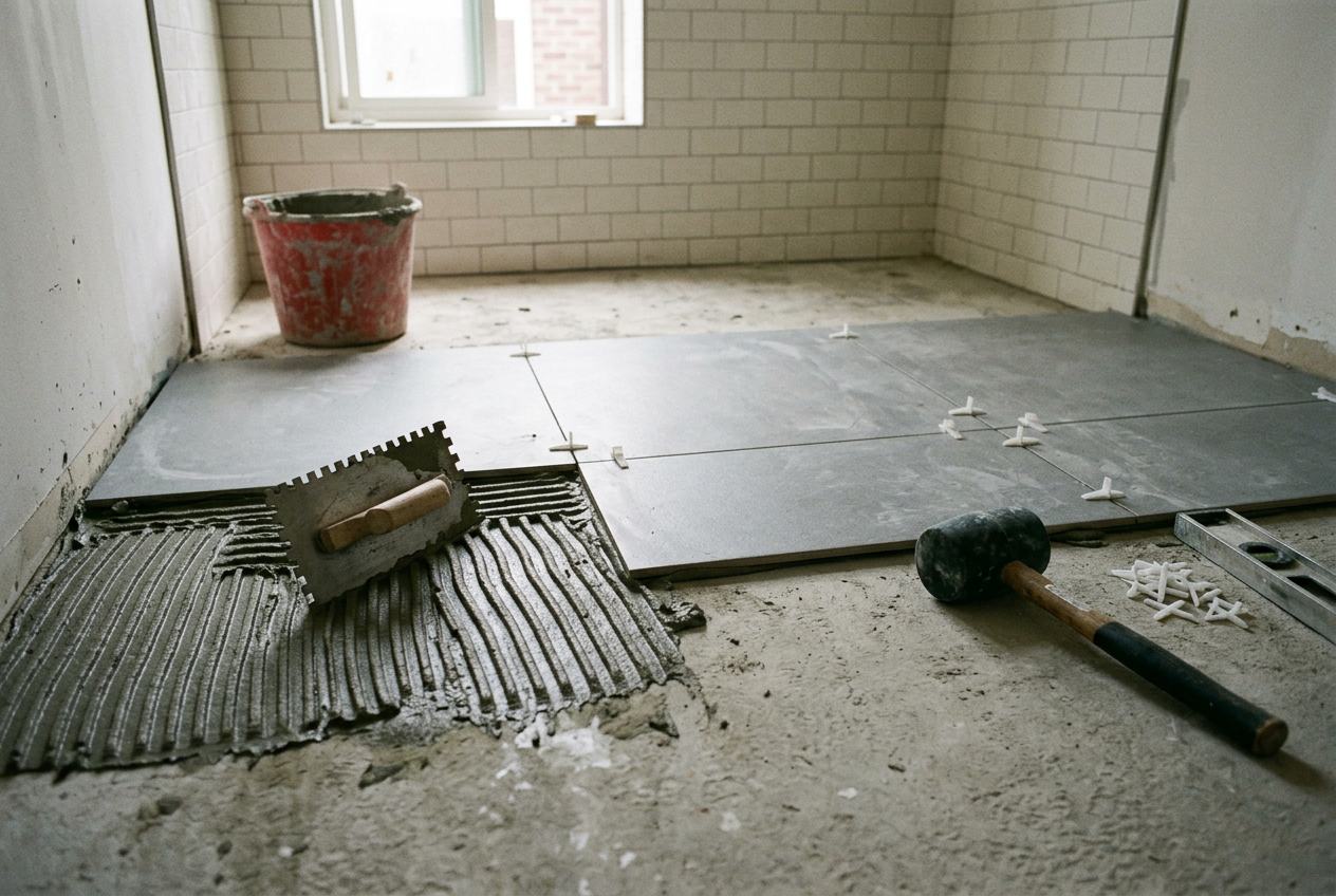 Flooring — Large-format porcelain tile floor installation with thin-set mortar and spacers