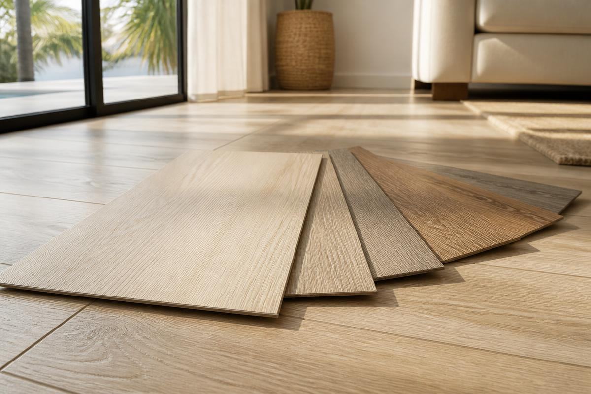 Wood-look porcelain plank flooring samples fanned out on a sunlit Florida living room floor