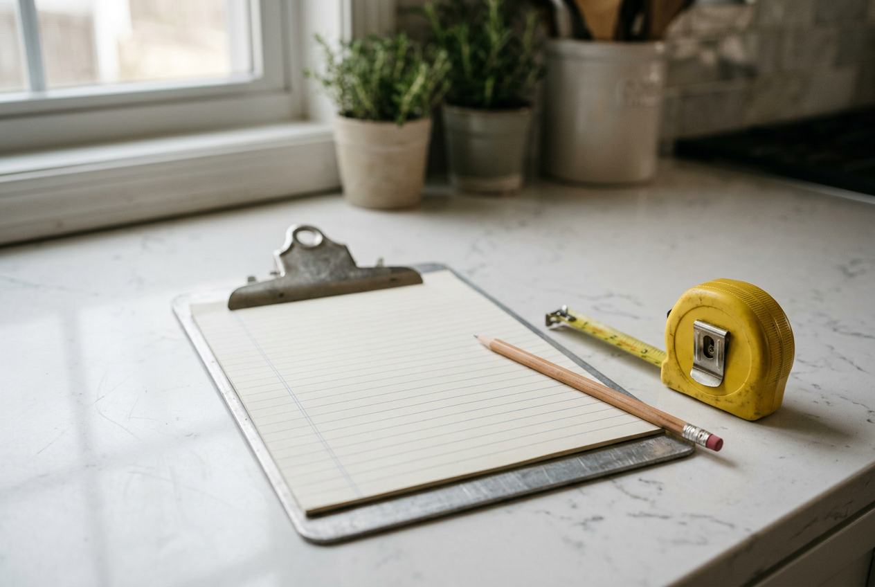 Contractor's clipboard with a blank estimate worksheet, pencil and tape measure resting on a marble kitchen countertop