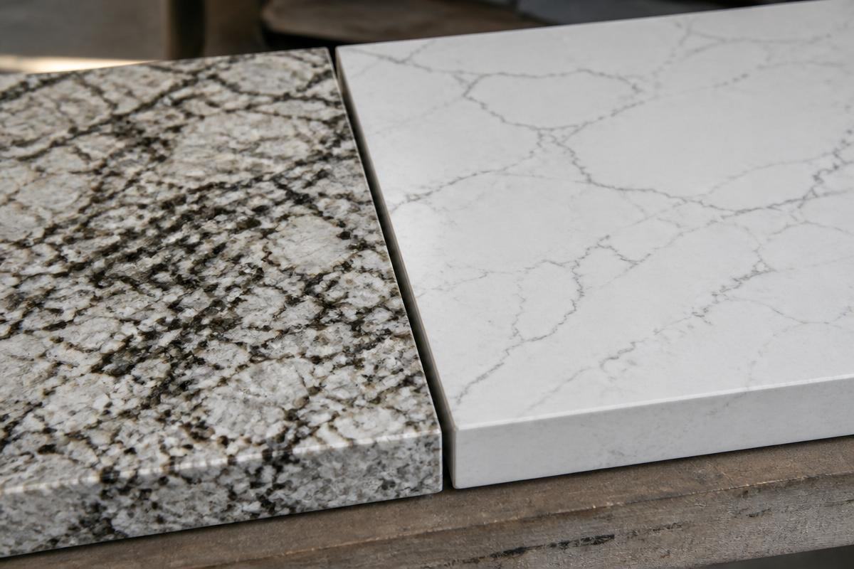 Natural granite countertop sample beside an engineered white quartz sample on a workbench for comparison