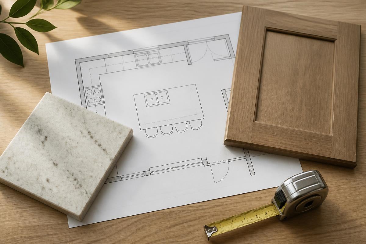 Kitchen remodel floor plan with a stone sample, oak cabinet door sample and tape measure on a wooden table