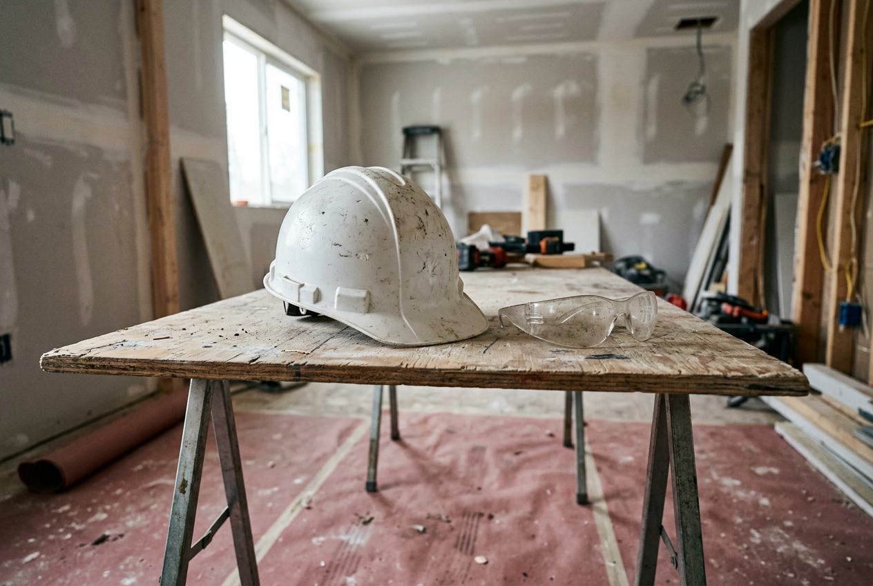 White hard hat and safety glasses on a tidy remodeling job site table with protective floor covering in the background