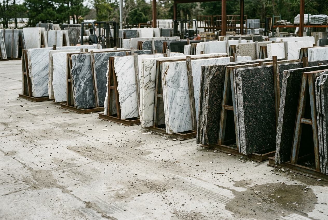 Premium marble, granite and quartzite slabs stored upright in a stone yard rack with warm light raking across the polished faces