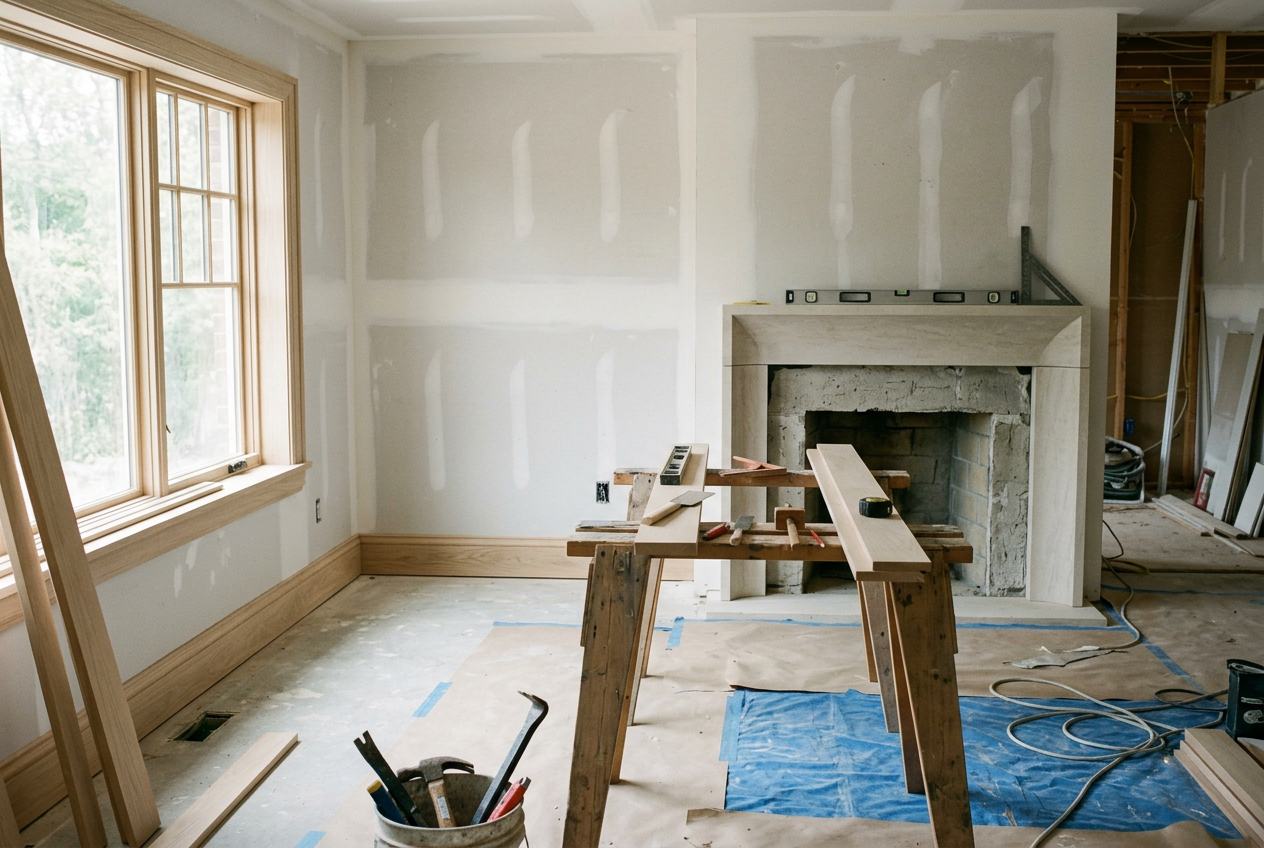 Home remodeling project in progress with new white oak trim, fresh drywall and a honed limestone fireplace surround under construction