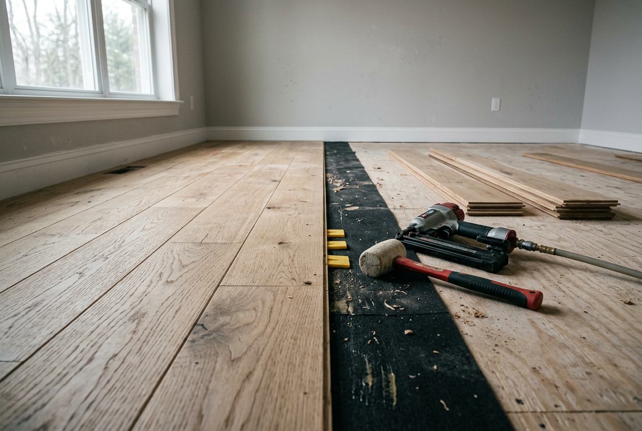 Wide-plank white oak hardwood flooring being installed in an empty room with flooring nailer, mallet, spacers and stacked planks on the subfloor
