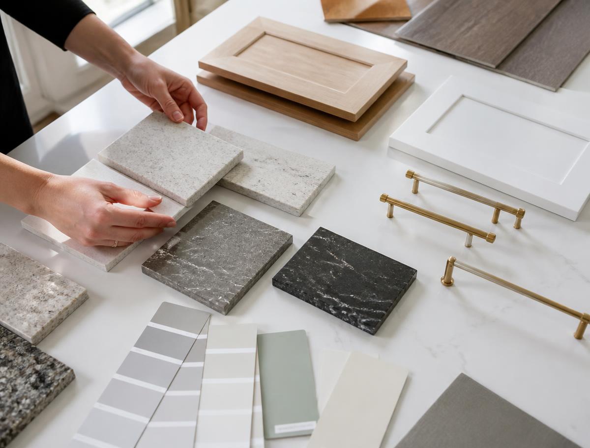 Selecting quartz and granite countertop samples, cabinet door styles, brass hardware and paint colors for a remodel