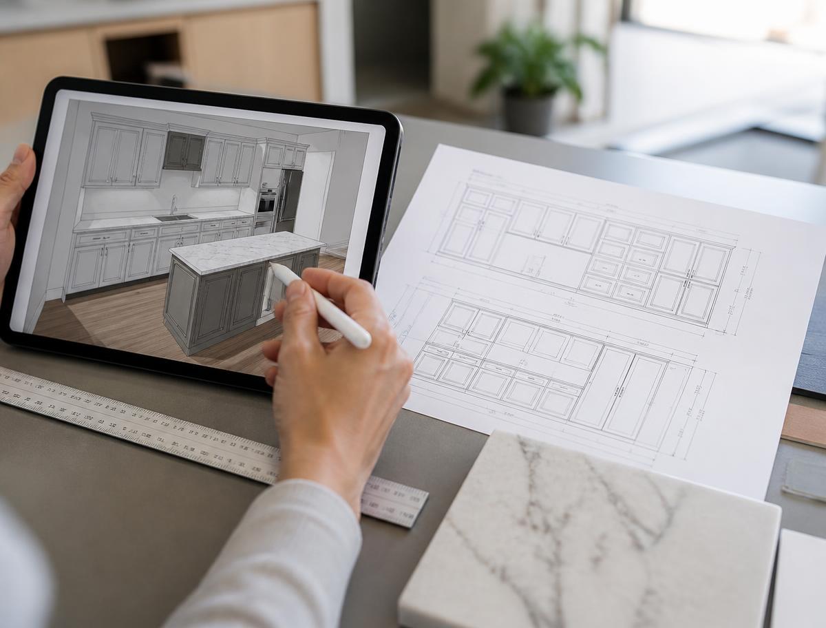 Custom kitchen design reviewed on a tablet with 3D cabinetry layout beside printed cabinet elevation drawings