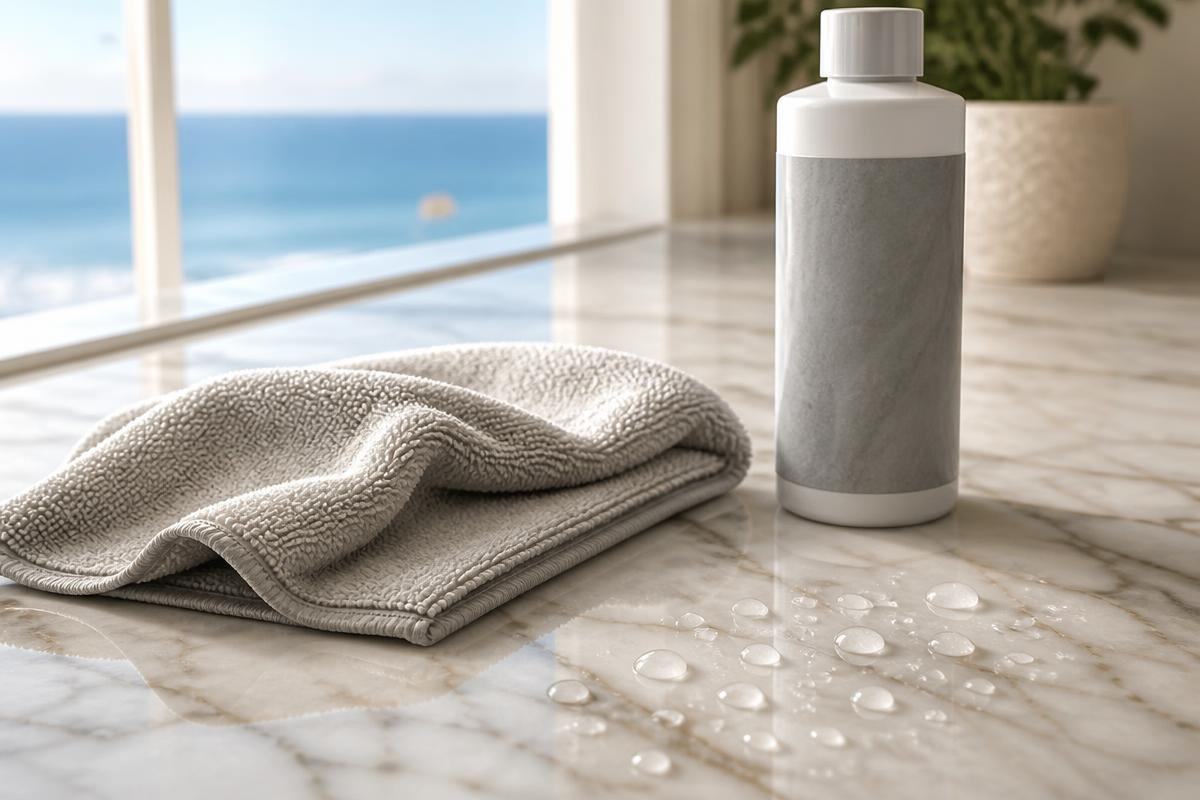 Microfiber cloth and stone sealer bottle on a polished marble countertop with water beading on the sealed surface