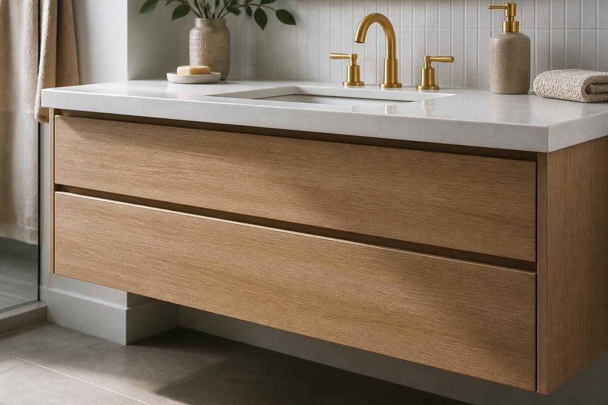 Floating white oak bathroom vanity with a quartz top, undermount sink and brushed brass faucet